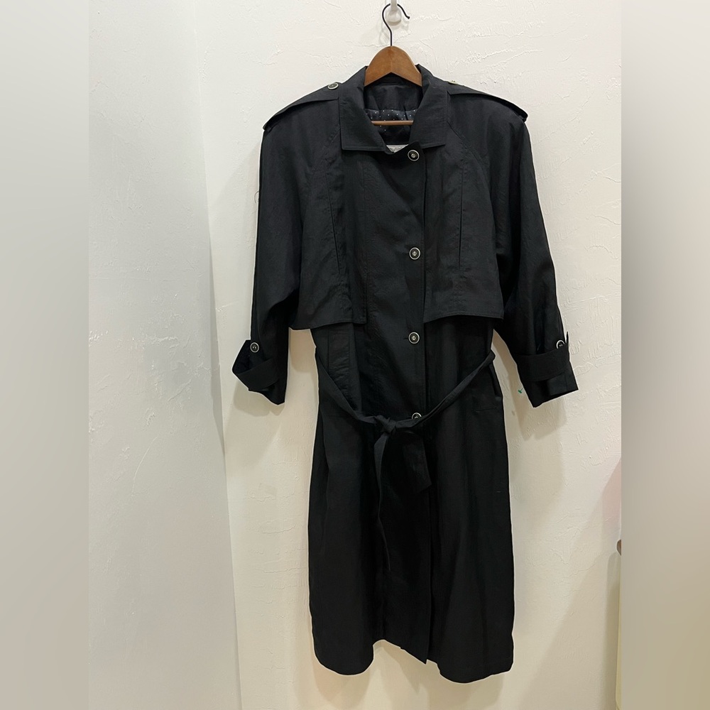 Gallery Trench Coat Women 6 Black Good Vintage Belted‎ Polka Dot Lining
